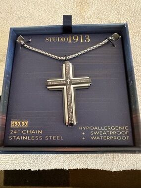 Men's STUDIO 1913 Two Tone Stainless Steel Lords Prayer Cross Necklace 24” NEW